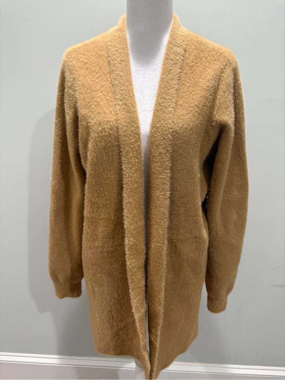 Cyrus Fuzzy Open-Front Cardigan in Curry Brown